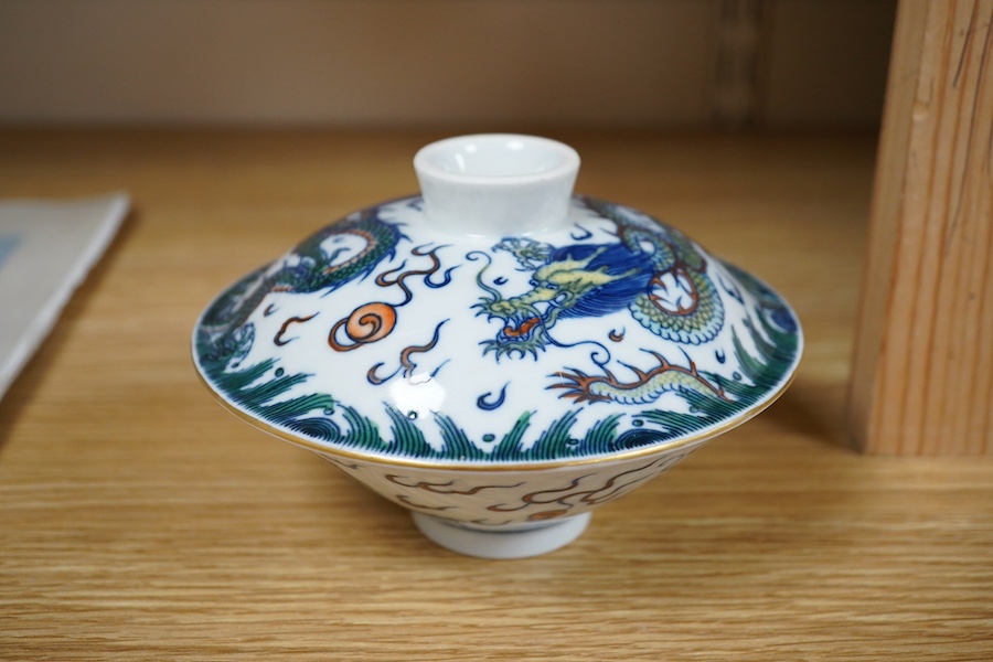 A Chinese Doucai bowl and cover, 14cm diameter. Condition - good